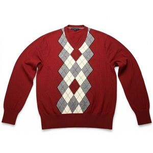 Banana Republic V-Neck Sweater in Red with Argyle Design Cashmere Blend
